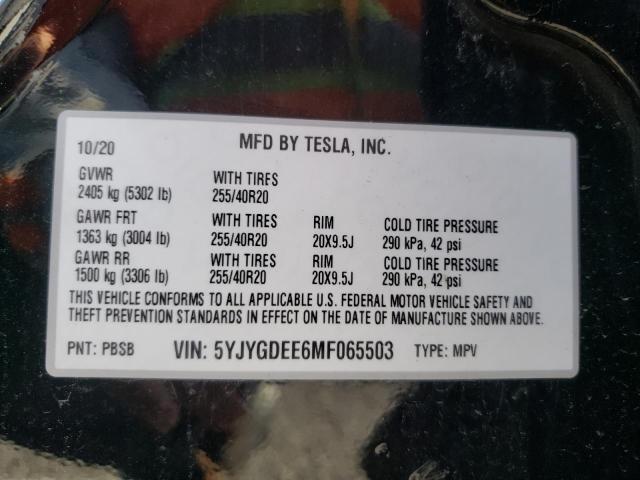 5YJYGDEE6MF065503 - 2021 TESLA MODEL Y أسود صورة 10