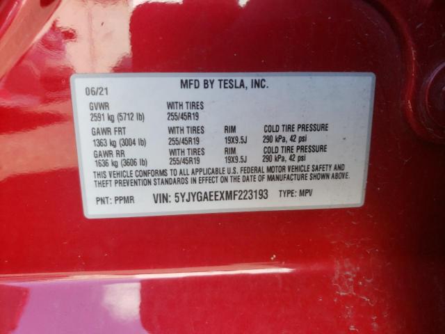 5YJYGAEEXMF223193 - 2021 TESLA MODEL Y Rouge photo 10