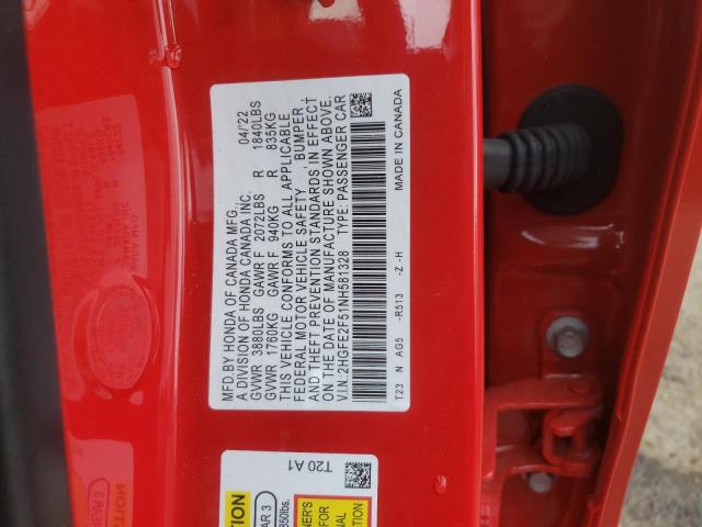 2HGFE2F51NH581328 - 2022 HONDA CIVIC SPOR RED photo 10