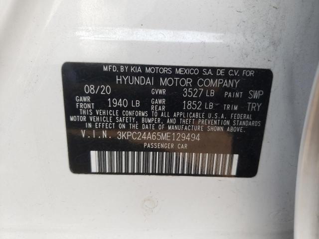 3KPC24A65ME129494 - 2021 HYUNDAI ACCENT SE WHITE photo 10