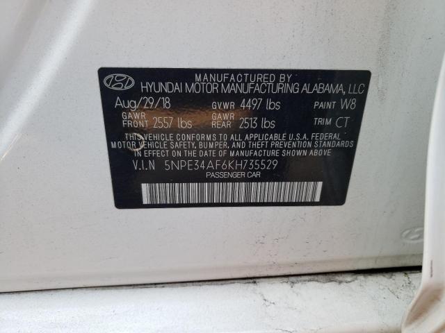 5NPE34AF6KH735529 - 2019 HYUNDAI SONATA LIM WHITE photo 10