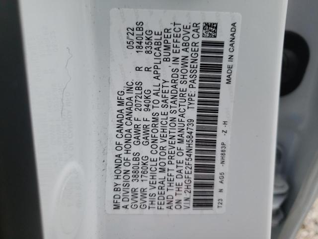2HGFE2F54NH584739 - 2022 HONDA CIVIC SPOR WHITE photo 10