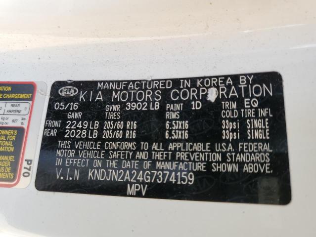 KNDJN2A24G7374159 - 2016 KIA SOUL WHITE photo 10