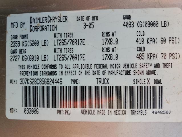 3D7KS28C85G824446 - 2005 DODGE RAM 2500 S Ոսկեգույն լուսանկար 10