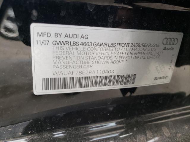 WAUAF78E28A110403 - 2008 AUDI A4 2.0T BLACK photo 10