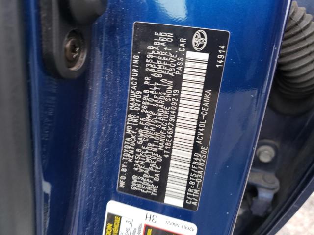 4T1BE46K79U409219 - 2009 TOYOTA CAMRY BASE BLUE photo 10