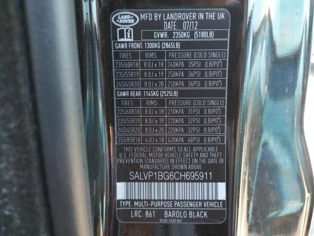 SALVP1BG6CH695911 - 2012 LAND ROVER RANGE ROVE BLACK photo 10