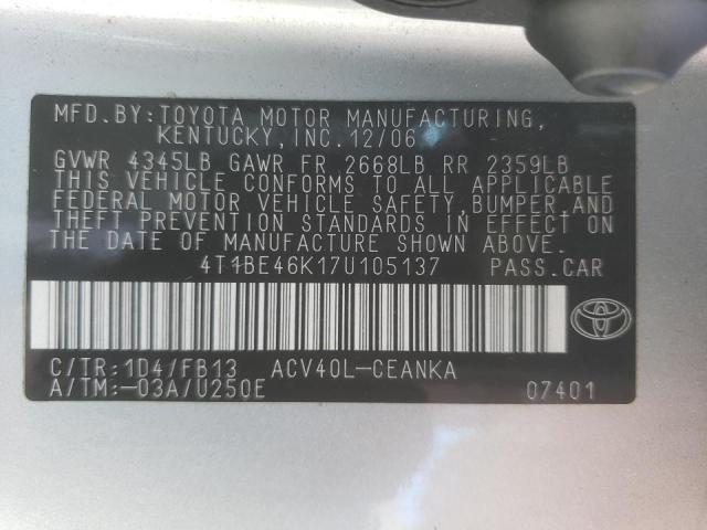 4T1BE46K17U105137 - 2007 TOYOTA CAMRY CE SILVER photo 10