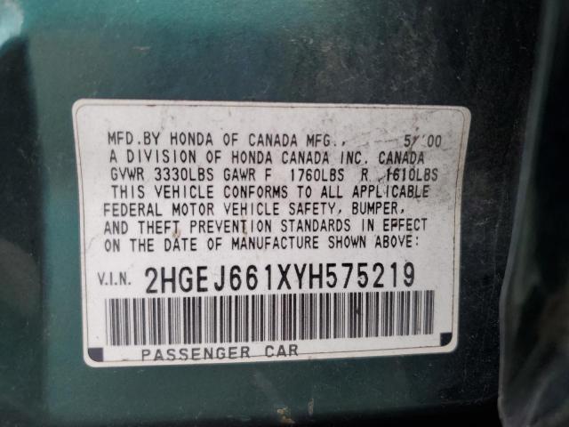 2HGEJ661XYH575219 - 2000 HONDA CIVIC BASE  photo 10