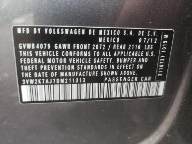 3VW2K7AJ7DM211313 - 2013 VOLKSWAGEN JETTA BASE GRAY photo 10