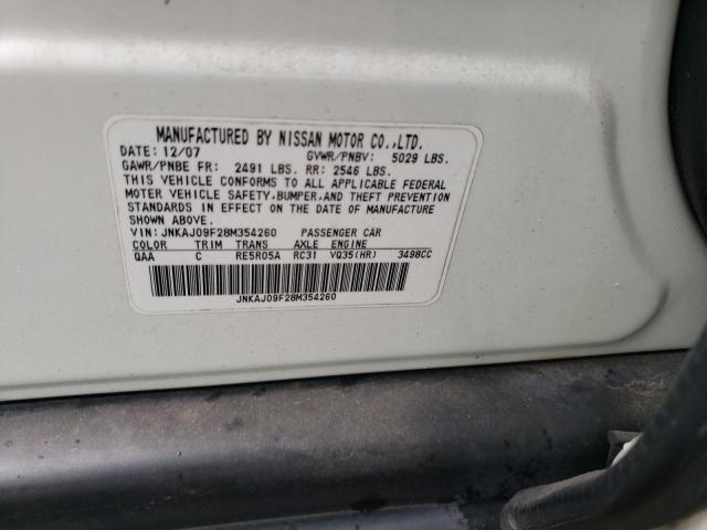 JNKAJ09F28M354260 - 2008 INFINITI EX35 BASE WHITE photo 10