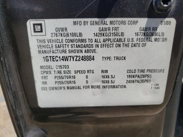 1GTEC14W7YZ248884 - 2000 GMC SIERRA1500 GRAY photo 10