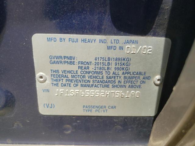 JF1SF65552H756190 - 2002 SUBARU FORESTER S BLUE photo 10