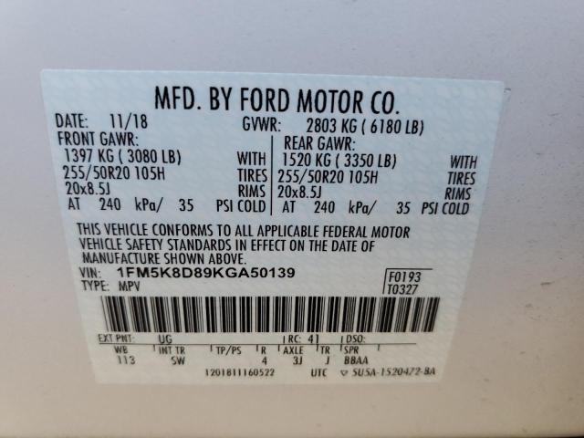 1FM5K8D89KGA50139 - 2019 FORD EXPLORER X WHITE photo 10