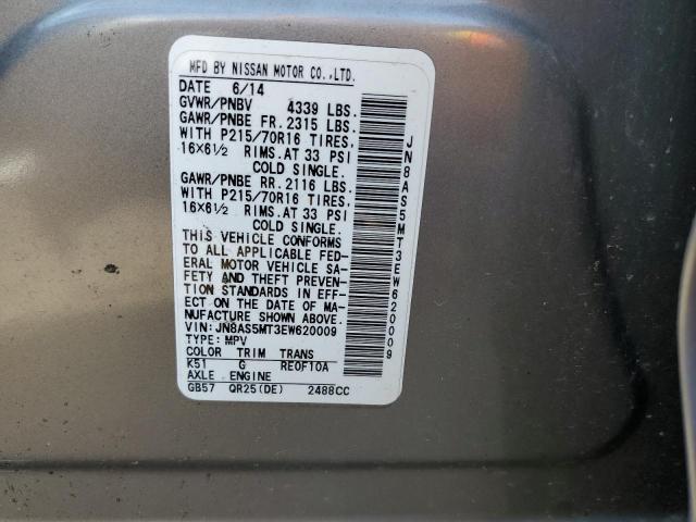 JN8AS5MT3EW620009 - 2014 NISSAN ROGUE SELE GRAY photo 10