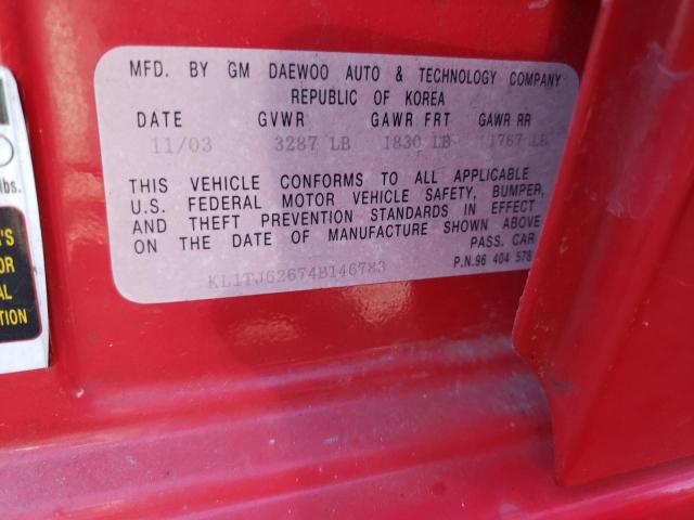 KL1TJ62674B146783 - 2004 CHEVROLET AVEO LS 红色 照片 10