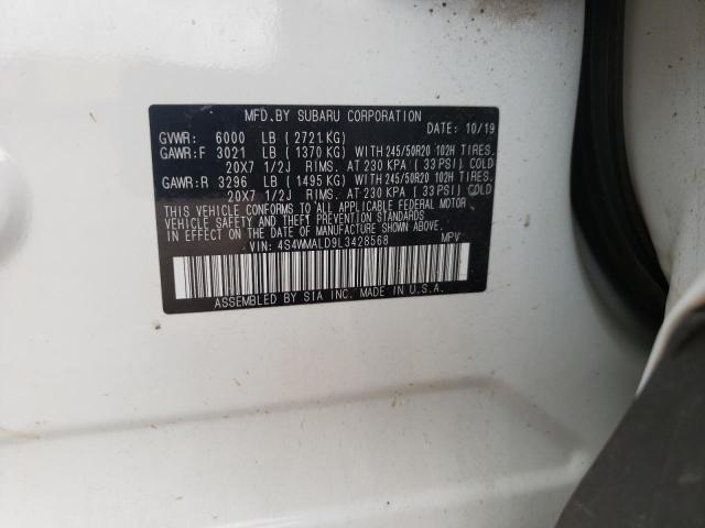 4S4WMALD9L3428568 - 2020 SUBARU ASCENT LIM WHITE photo 10