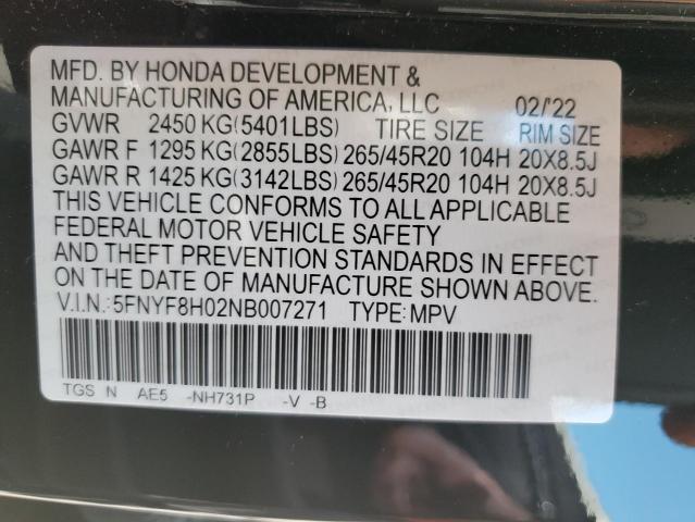 5FNYF8H02NB007271 - 2022 HONDA PASSPORT E 黑色 照片 10