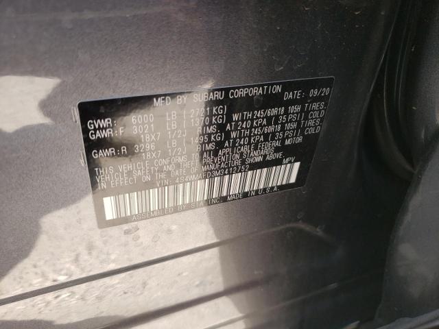 4S4WMAFD3M3412752 - 2021 SUBARU ASCENT PRE GRAY photo 10