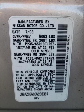 JN8AZ08W93W238387 - 2003 NISSAN MURANO SL SILVER photo 10