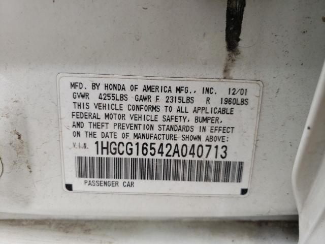 1HGCG16542A040713 - 2002 HONDA ACCORD EX WHITE photo 10