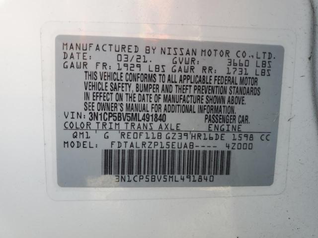 3N1CP5BV5ML491840 - 2021 NISSAN KICKS S WHITE photo 10