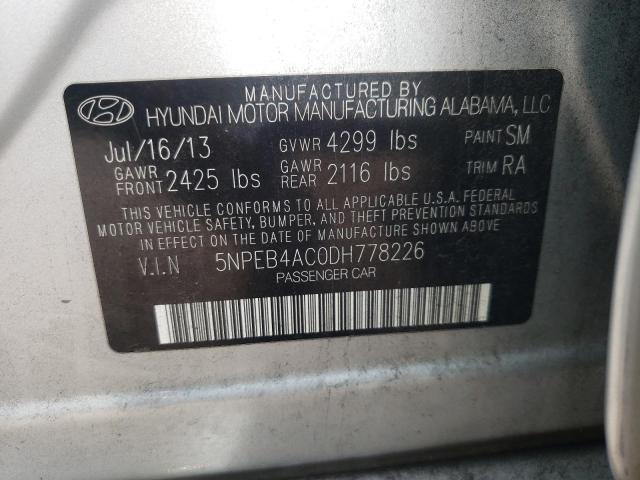 5NPEB4AC0DH778226 - 2013 HYUNDAI SONATA GLS SILVER photo 10