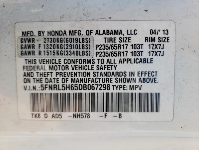 5FNRL5H65DB067298 - 2013 HONDA ODYSSEY EX WHITE photo 10