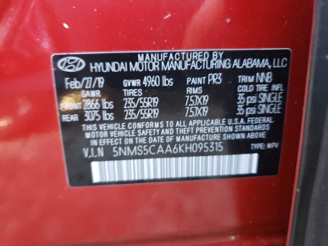 5NMS5CAA6KH095315 - 2019 HYUNDAI SANTA FE L RED photo 10