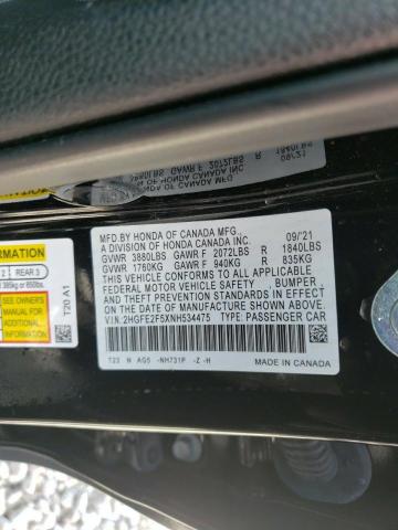 2HGFE2F5XNH534475 - 2022 HONDA CIVIC SPOR BLACK photo 10