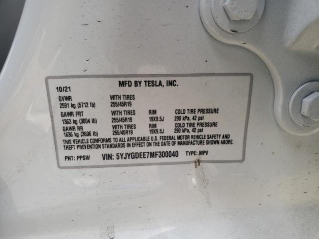 5YJYGDEE7MF300040 - 2021 TESLA MODEL Y أبيض صورة 10
