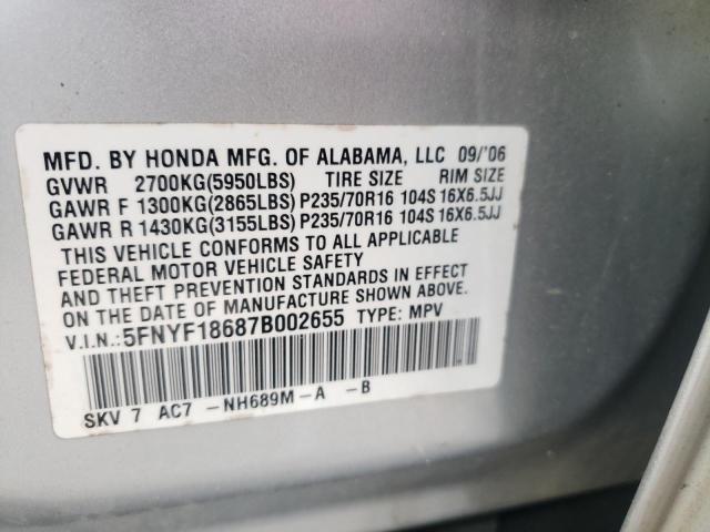 5FNYF18687B002655 - 2007 HONDA PILOT EXL SILVER photo 10