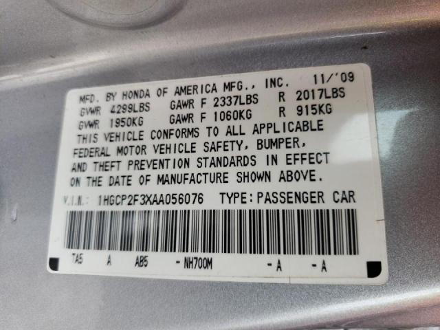 1HGCP2F3XAA056076 - 2010 HONDA ACCORD LX SILVER photo 10