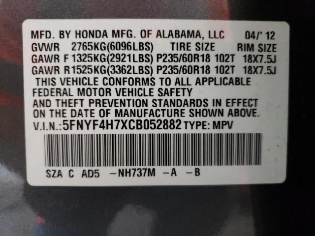 5FNYF4H7XCB052882 - 2012 HONDA PILOT EXLN GRAY photo 10