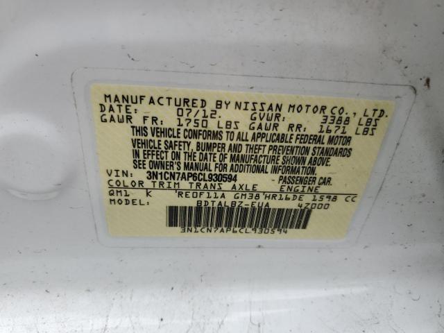 3N1CN7AP6CL930594 - 2012 NISSAN VERSA S WHITE photo 10