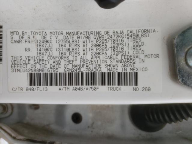 3TMLU42N88M016795 - 2008 TOYOTA TACOMA DOU 白色 照片 10