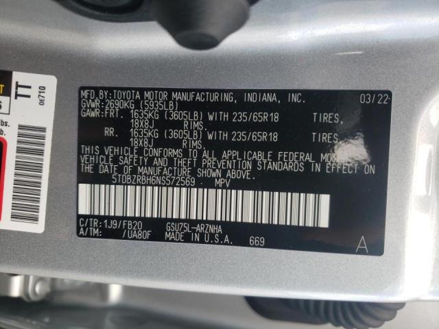 5TDBZRBH6NS572569 - 2022 TOYOTA HIGHLANDER SILVER photo 10