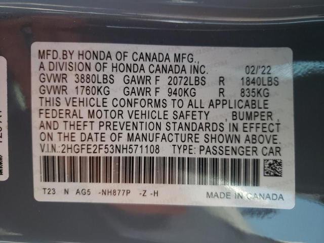 2HGFE2F53NH571108 - 2022 HONDA CIVIC SPOR GRAY photo 10
