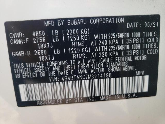 4S4BTANC7M3214198 - 2021 SUBARU OUTBACK LI WHITE photo 10