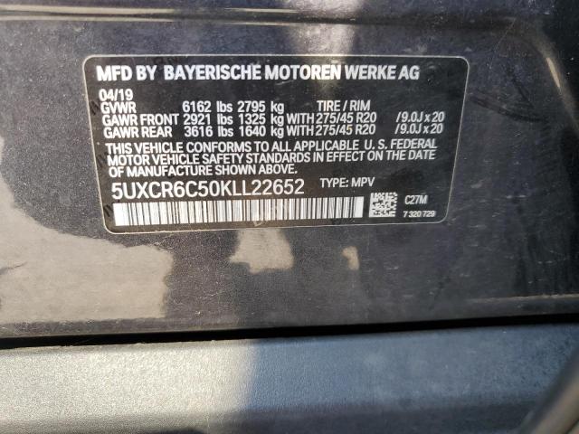5UXCR6C50KLL22652 - 2019 BMW X5 XDRIVE4 GRAY photo 10