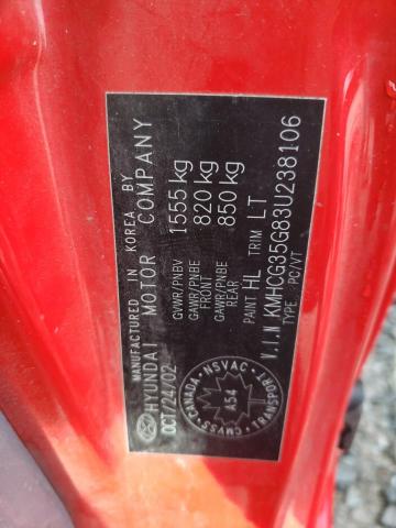 KMHCG35G83U238106 - 2003 HYUNDAI ACCENT BAS RED photo 10