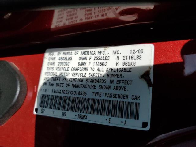 19UUA76527A014935 - 2007 ACURA TL TYPE S RED photo 10