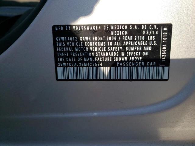 3VW1K7AJ2EM428524 - 2014 VOLKSWAGEN JETTA BASE 银色 照片 10