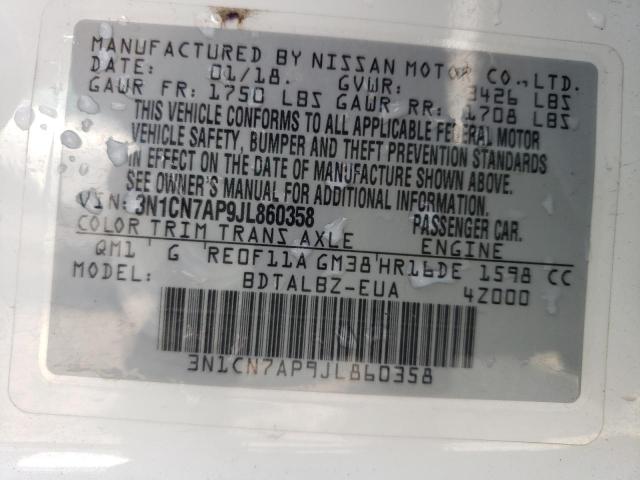 3N1CN7AP9JL860358 - 2018 NISSAN VERSA S WHITE photo 10