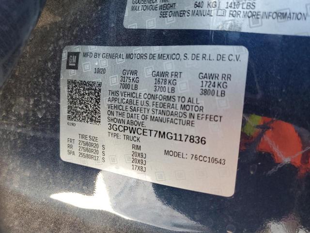 3GCPWCET7MG117836 - 2021 CHEVROLET SILVERADO BLUE photo 10