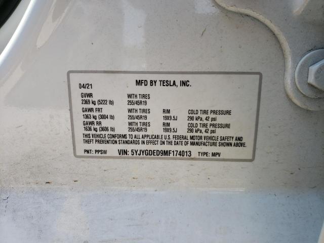 5YJYGDED9MF174013 - 2021 TESLA MODEL Y أبيض صورة 10