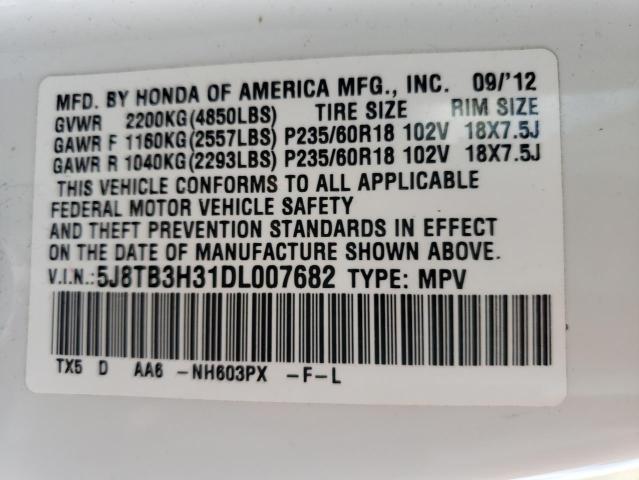 5J8TB3H31DL007682 - 2013 ACURA RDX WHITE photo 10