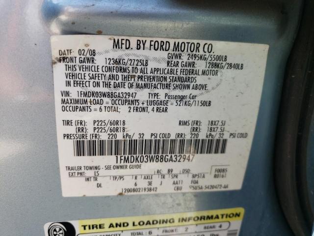 1FMDK03W88GA32947 - 2008 FORD TAURUS X L BLUE photo 10