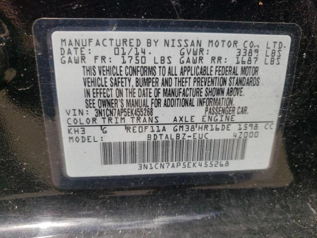 3N1CN7AP5EK455268 - 2014 NISSAN VERSA S BLACK photo 10