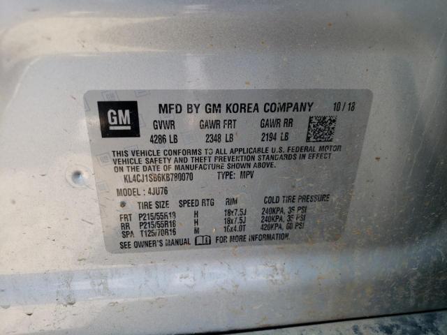 KL4CJ1SB6KB780070 - 2019 BUICK ENCORE SPO SILVER photo 10